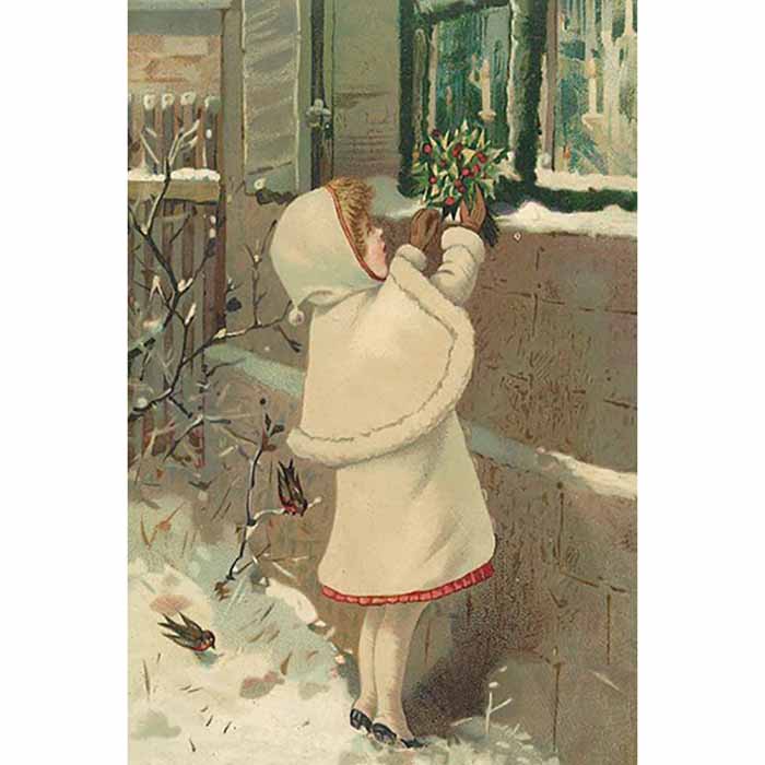 Vintage joulukortti Tyttö ikkunalaudalla